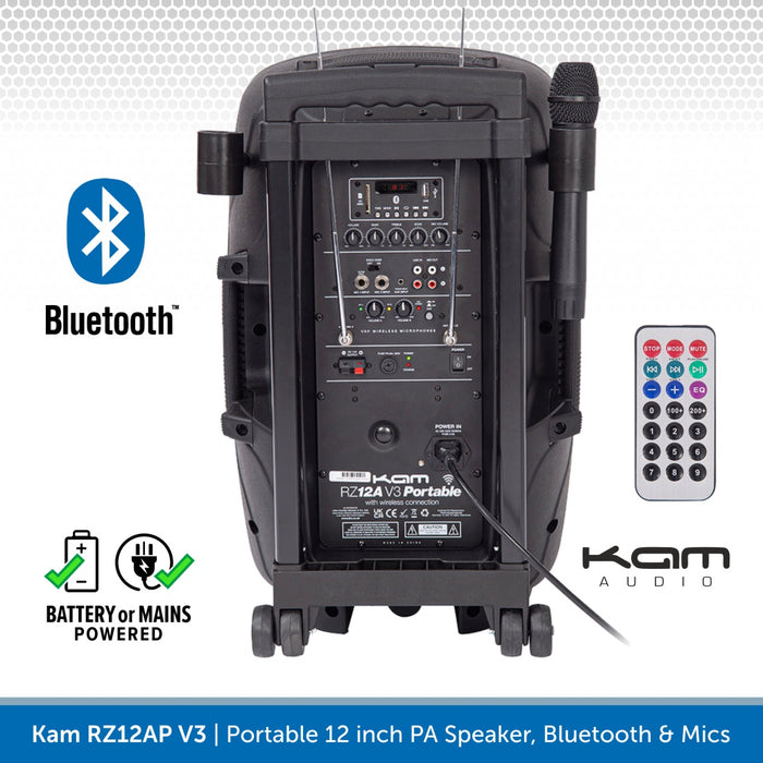 Kam RZ12AP V3, 800W 12" Portable PA Speaker With Bluetooth & Wireless Mics
