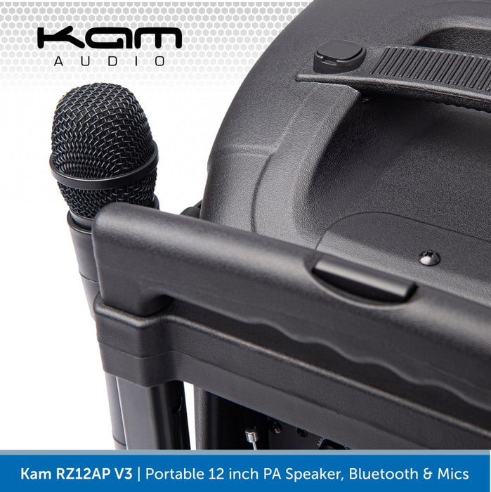 Kam RZ12AP V3, 800W 12" Portable PA Speaker With Bluetooth & Wireless Mics