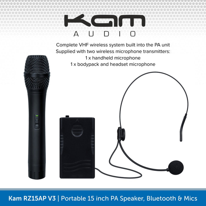 Kam RZ15AP V3, 1000W Portable 15 inch PA Speaker, Bluetooth & Wireless Microphones