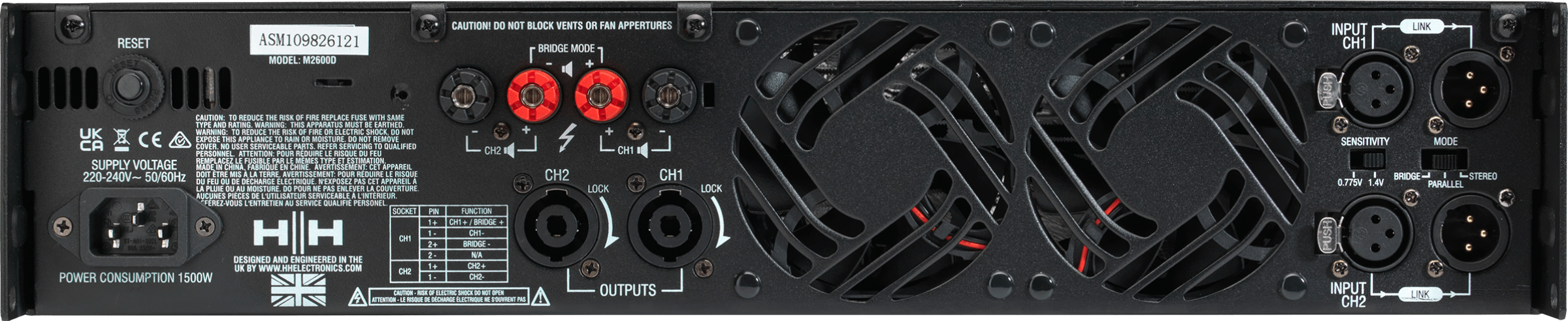 HH Electronics M-2600D 2 x 2600W Power Amplifier, 4/8 Ohms
