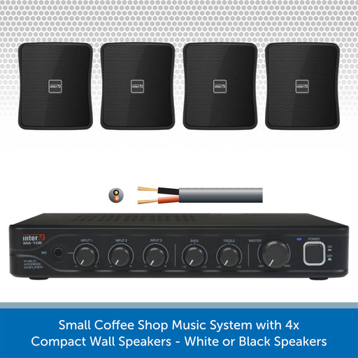 Small Coffee Shop Music System with 4x Compact Wall Speakers - White or Black Speakers