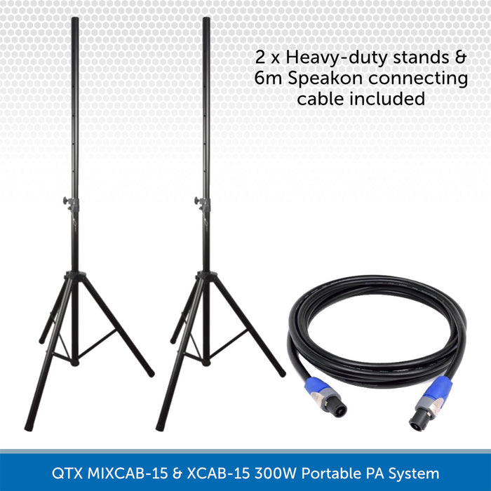 QTX MIXCAB-15 & XCAB-15 300W Portable PA System With Built-In Media Player , Stands & Cables