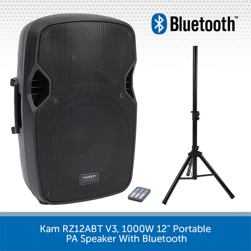 Kam RZ12ABT V3, 1000W 12" Portable PA Speaker With Bluetooth