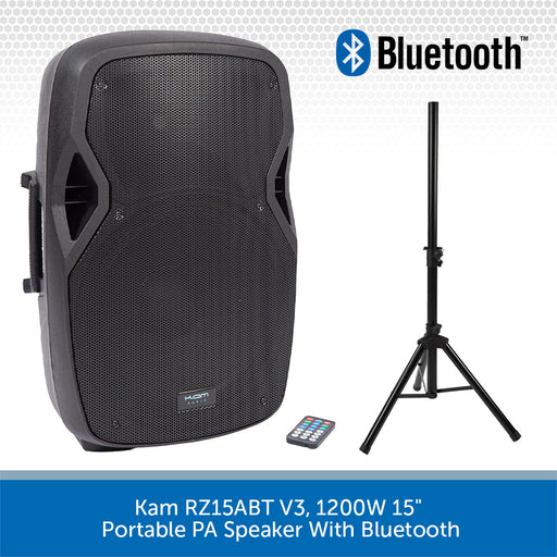 Kam RZ15ABT V3, 1200W 15" Portable PA Speaker With Bluetooth