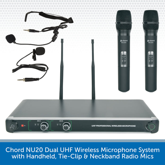 Chord NU20 Dual UHF Wireless Microphone System with Handheld, Tie-Clip & Neckband Radio Mics