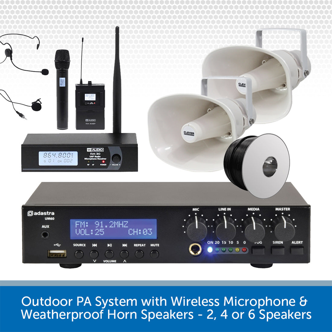 Weatherproof Microphone Outdoor PA System with Wireless Mic & Horn Speakers | Audio Volt