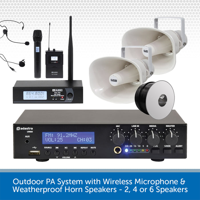 Outdoor PA System with Wireless Microphone & Weatherproof Horn Speakers - 2, 4 or 6 Speakers