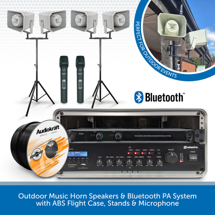 Outdoor Music Horn Speakers & Bluetooth PA System with ABS Flight Case, Stands & Microphone 4 Speakers