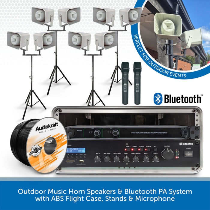 Outdoor Music Horn Speakers & Bluetooth PA System with ABS Flight Case, Stands & Microphone 8 Speakers