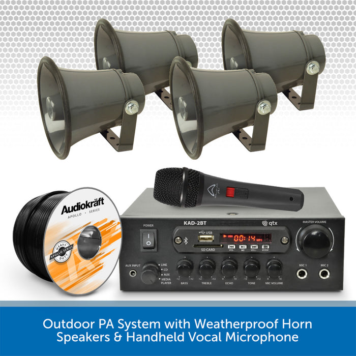 Outdoor PA System with Weatherproof Horn Speakers & Handheld Vocal Microphone