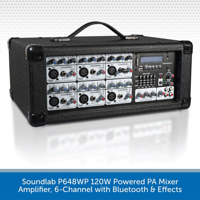 Soundlab P648WP 120W Powered PA Mixer Amplifier, 6-Channel with Bluetooth & Effects