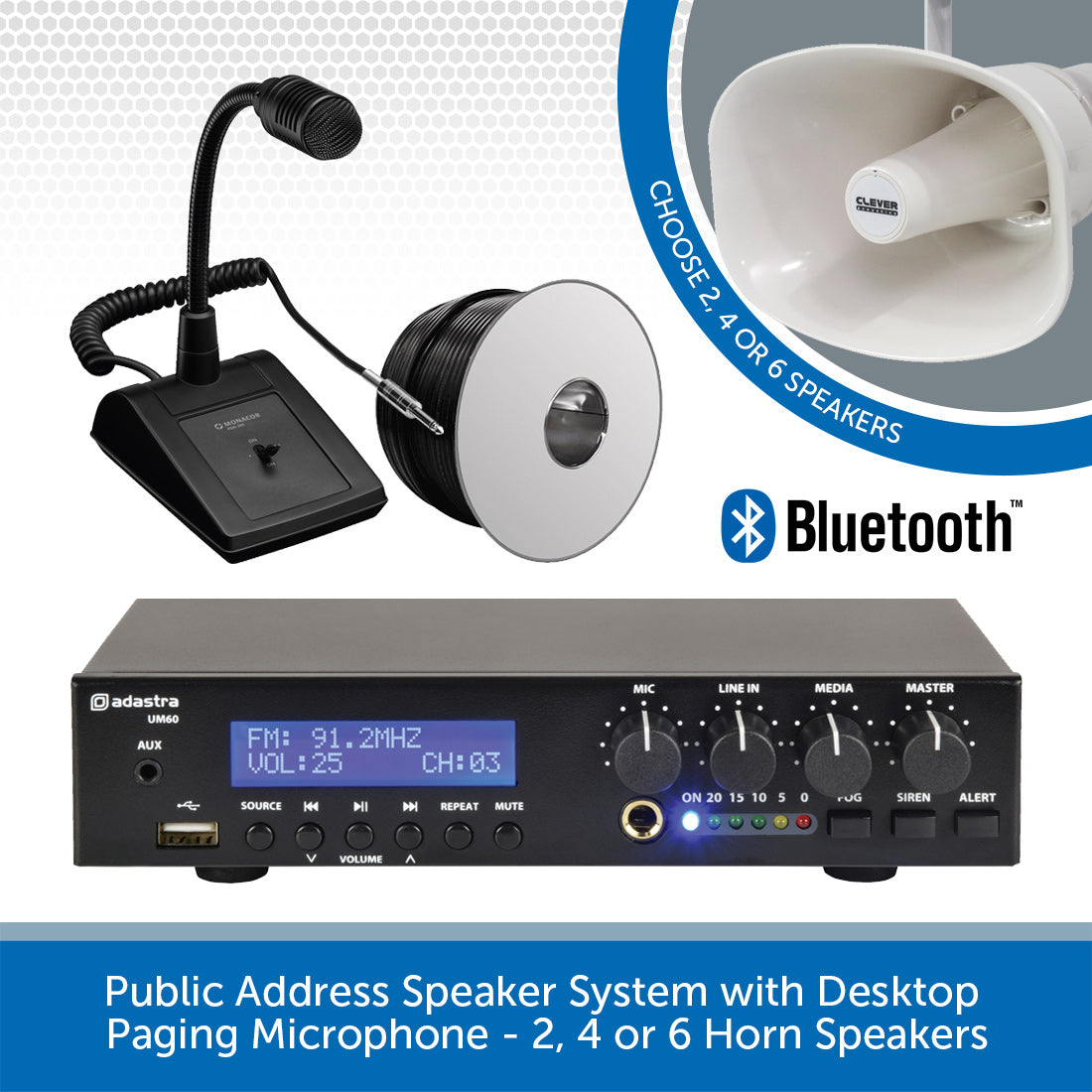 Public Address Speaker System with Desktop Paging Microphone 2 4 or 6 Horn Speakers