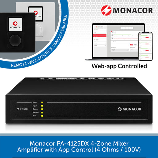 Monacor PA-4125DX 4-Zone Mixer Amplifier with App Control (4 Ohms / 100V)