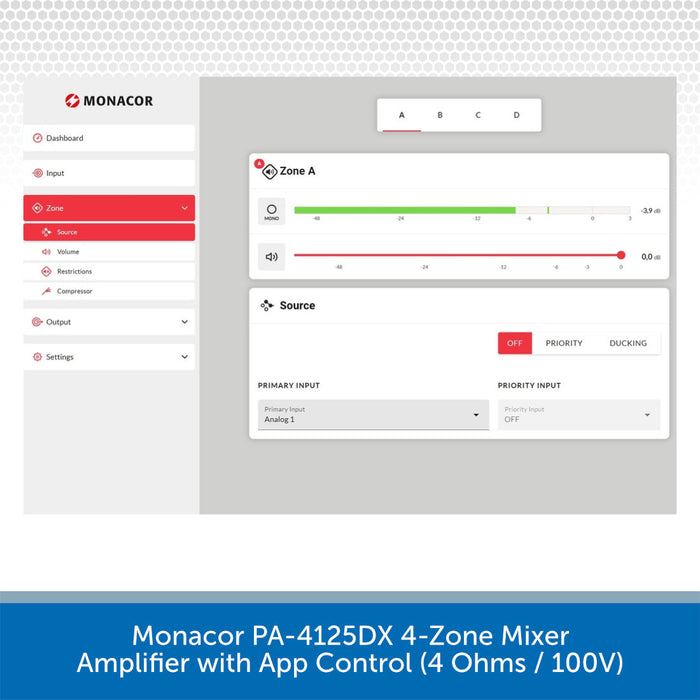 Monacor PA-4125DX 4-Zone Mixer Amplifier Web app 02