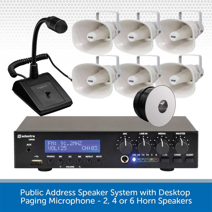 Public Address Speaker System with Desktop Paging Microphone - 2, 4 or 6 Horn Speakers