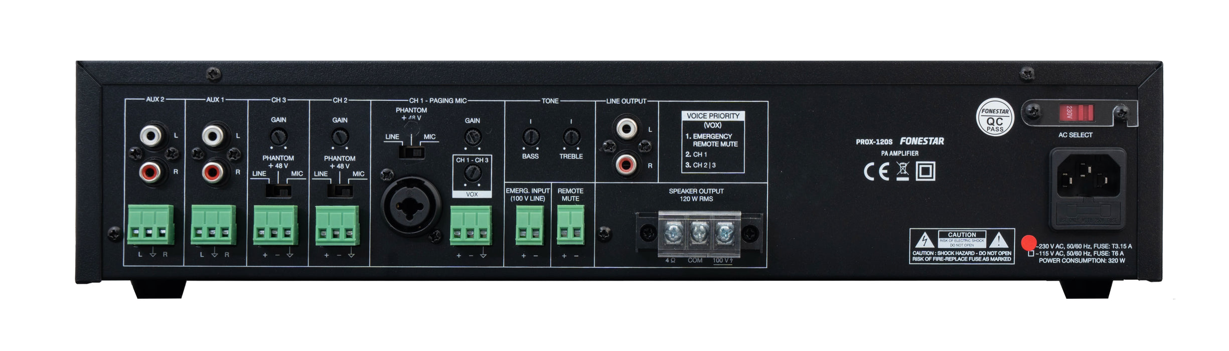 Fonestar PROX-120S 120W Mixer Amplifier, 100V/4Ω, 19" Rack Mountable