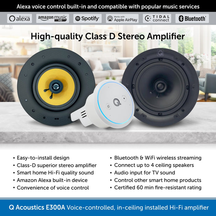 Q Acoustics E300A Hi-Fi Amplifier Ceiling Speaker Package with built in Alexa WiFi Bluetooth & Voice Control