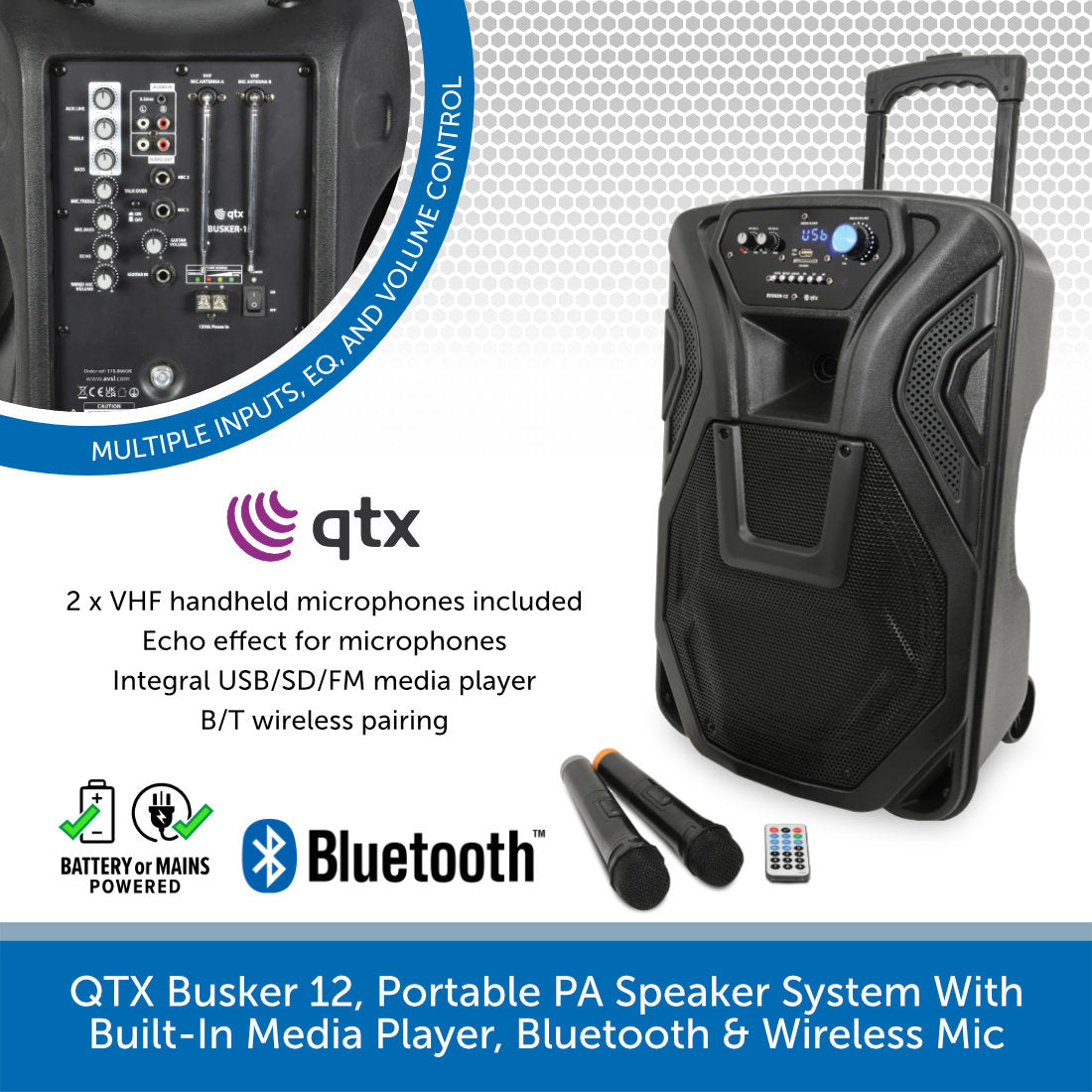 QTX Busker 12 Portable PA System With Wireless Mic BT Audio Volt