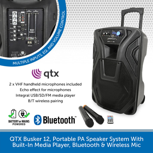 QTX Busker 12, Portable PA Speaker System With Built-In Media Player, Bluetooth & Wireless Mic