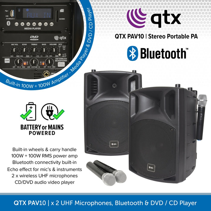 QTX PAV10 Portable PA System with UHF Microphones, Bluetooth & DVD Player