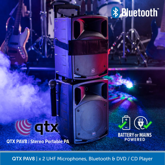 QTX PAV8 | Portable PA System x 2 Wireless Microphones, Bluetooth & DVD / CD Player