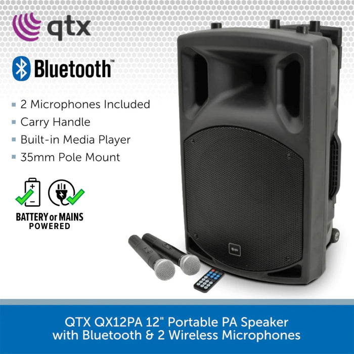 QTX QX12PA 12" Portable PA Speaker with Bluetooth & 2 Wireless Microphones