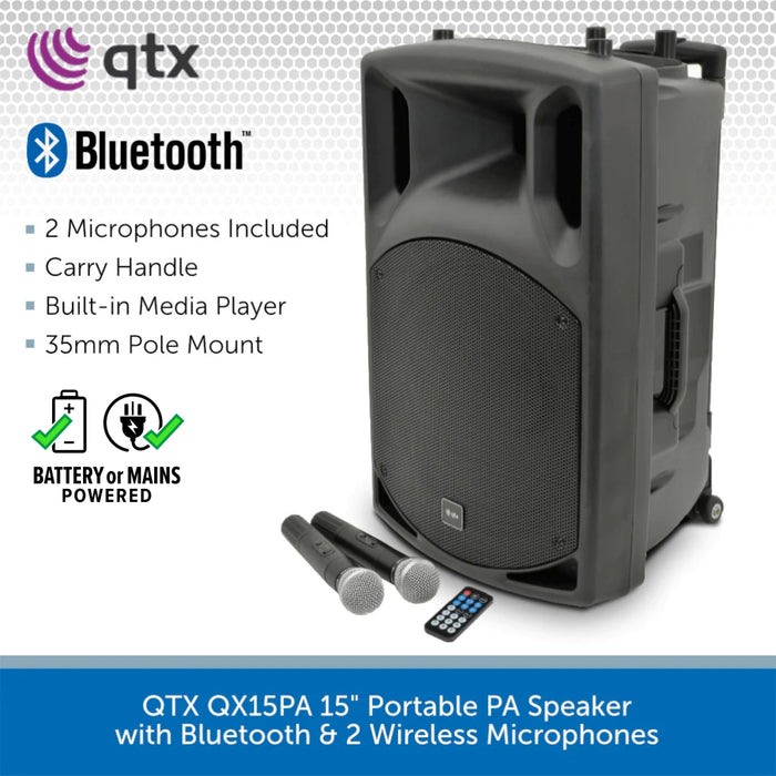 QTX QX15PA 15" Portable PA Speaker with Bluetooth & 2 Wireless Microphones