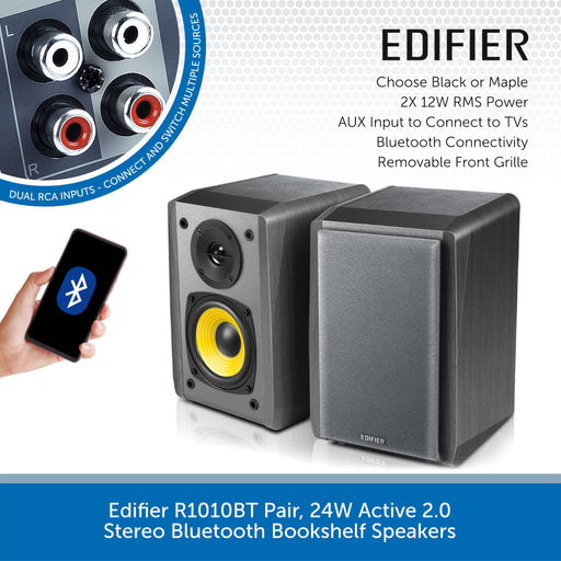 Edifier R1010BT Pair, 24W Active 2.0 Stereo Bluetooth Bookshelf Speakers