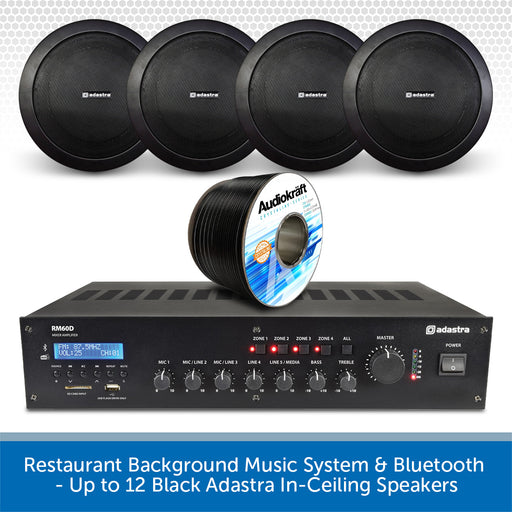 Restaurant Background Music System & Bluetooth - Up to 12 Black Adastra In-Ceiling Speakers