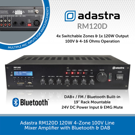 Adastra RM120D 120W 4-Zone 100V Line Mixer Amplifier with Bluetooth & DAB