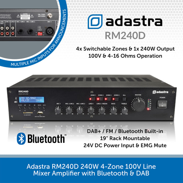 Adastra RM240D 240W 4-Zone 100V Mixer Amplifier with DAB+ & Bluetooth