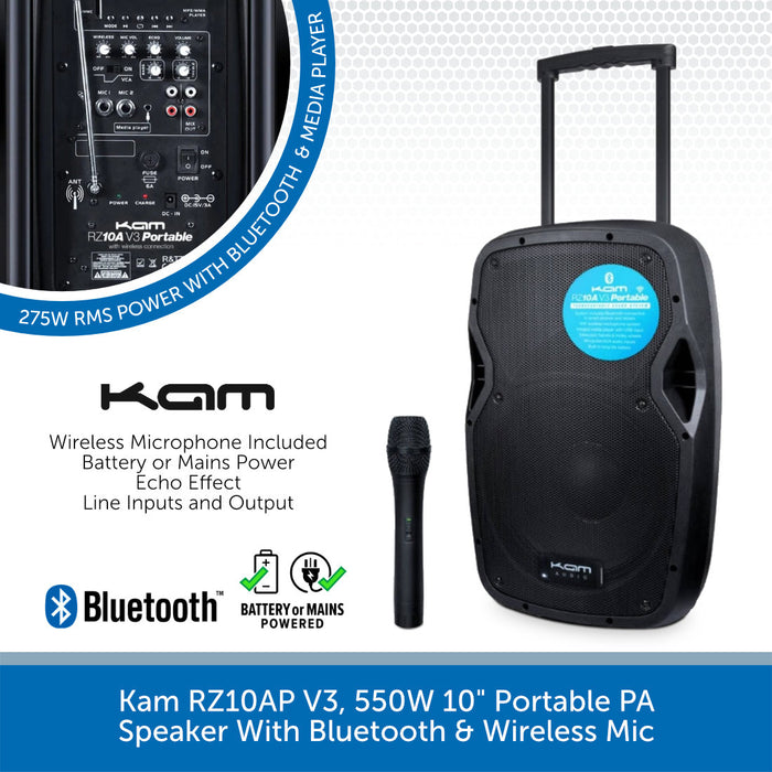Kam RZ10AP V3, 550W 10" Portable PA Speaker With Bluetooth & Wireless Mic