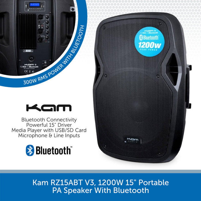 2 x Kam RZ15ABT 1200W Active Bluetooth PA Speakers with Stands & Cables