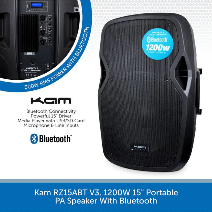 Kam RZ15ABT V3, 1200W 15" Portable PA Speaker With Bluetooth
