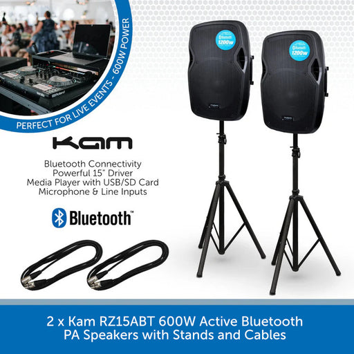 2 x Kam RZ15ABT 600W Active Bluetooth PA Speakers with Stands & Cables