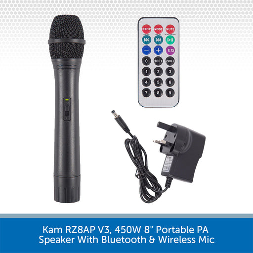 Kam RZ8AP V3, 450W 8" Portable PA Speaker With Bluetooth & Wireless Mic