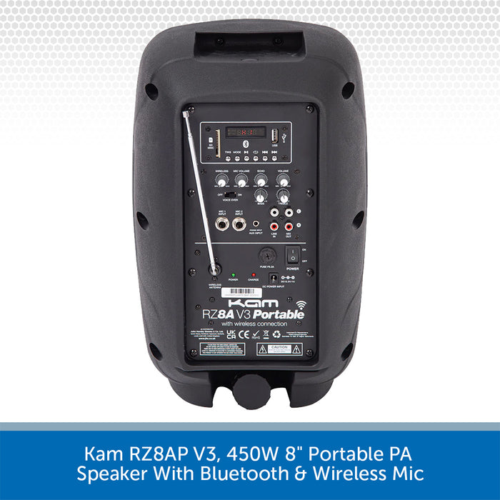 Kam RZ8AP V3, 450W 8" Portable PA Speaker With Bluetooth & Wireless Mic