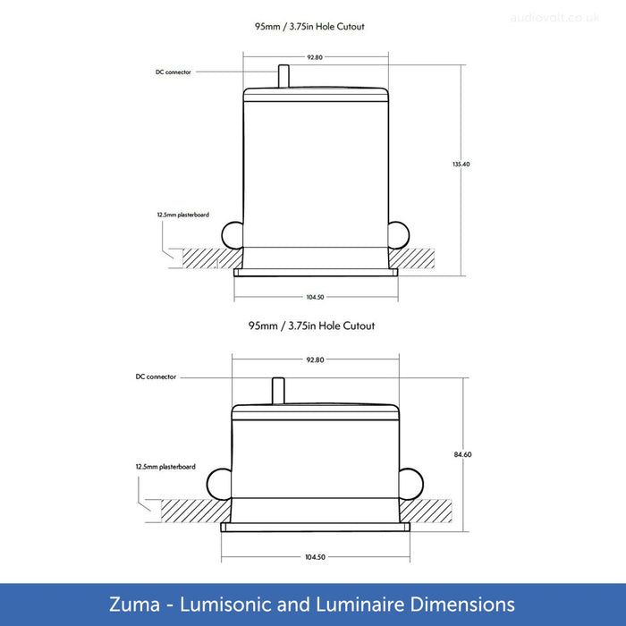 Dimensions and size of a Zuma Lumisonic and Luminaire Speaker and lighting system