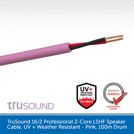 TruSound 16/2 Professional 2-Core LSHF Speaker Cable, UV + Weather Resistant - Pink, 100m Drum
