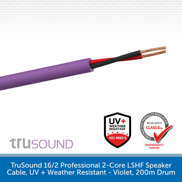 TruSound 16/2 Professional 2-Core LSHF Speaker Cable, UV + Weather Resistant - Violet, 200m Drum