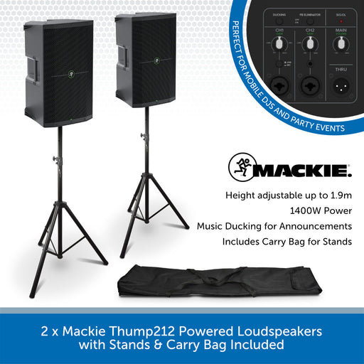 2 x Mackie Thump212 Powered Loudspeakers with Stands & Carry Bag Included