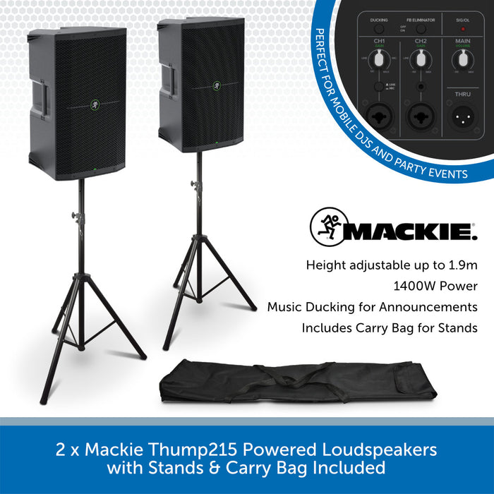 2 x Mackie Thump215 Powered Loudspeakers with Stands & Carry Bag Included