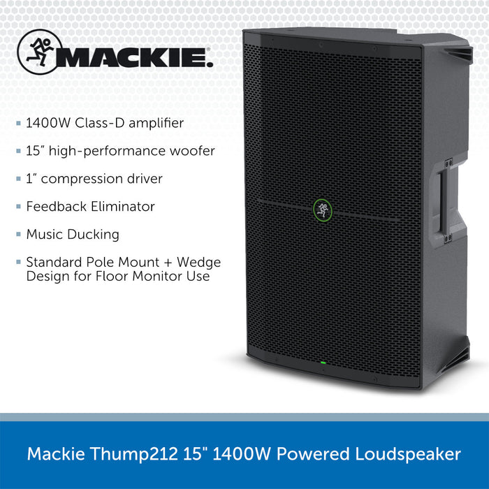 2 x Mackie Thump215 Powered Loudspeakers with Stands & Carry Bag Included