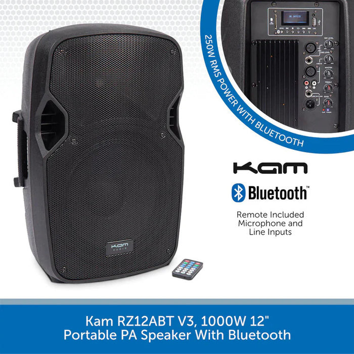Kam RZ12ABT V3, 1000W 12" Portable PA Speaker With Bluetooth
