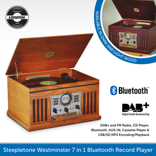 Steepletone Westminster 7 in 1 Bluetooth Nostalgia Record Player DAB+ FM Radio CD Player