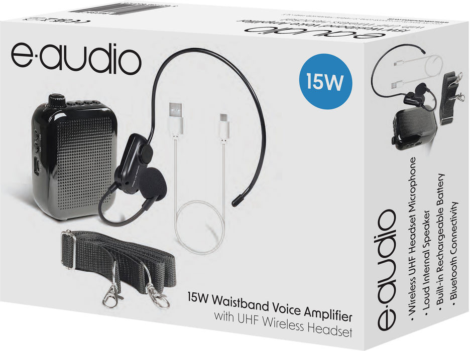 E-Audio 15W Portable Waistband Voice Amplifier with Bluetooth & Wireless Headset Microphone