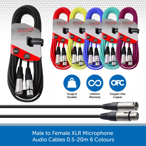 Stagecore Male to Female XLR Microphone Cable, 0.5m-20m, 6 Colours