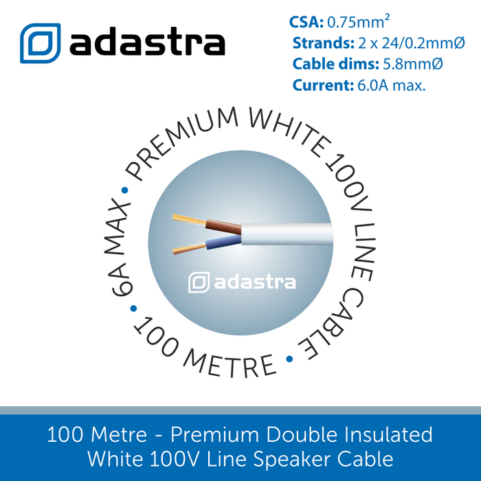 100 Metre Premium Double Insulated White 100V Line Speaker Cable