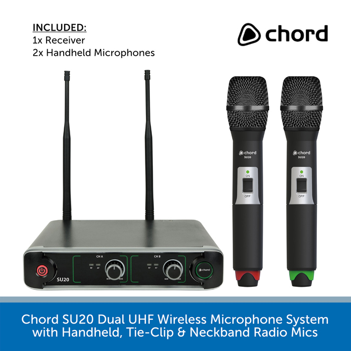 Chord SU20 Dual UHF Wireless Microphone System with Handheld, Tie-Clip & Neckband Radio Mics