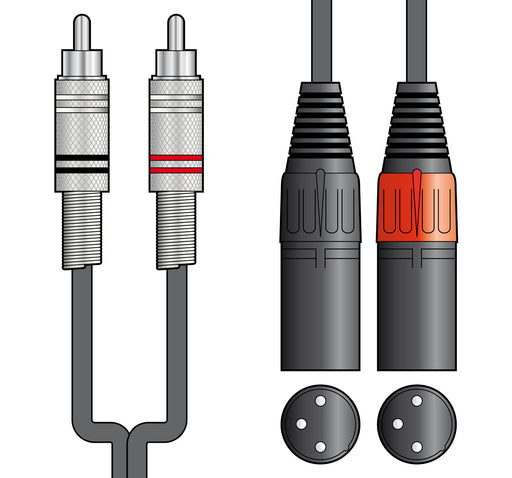 Twinned RCA/Phono Plugs to XLR Male Audio Cable for linking PA Amplifiers, Mixers, Etc.